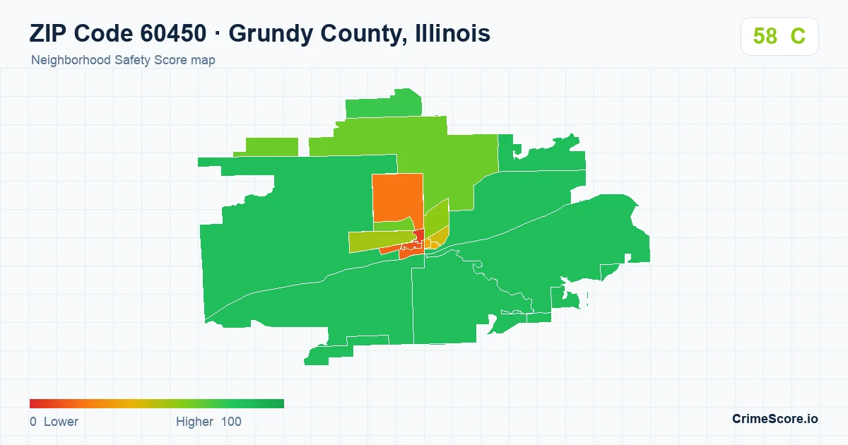 ZIP Code 60450 in Grundy County, Illinois neighborhood Safety Score map