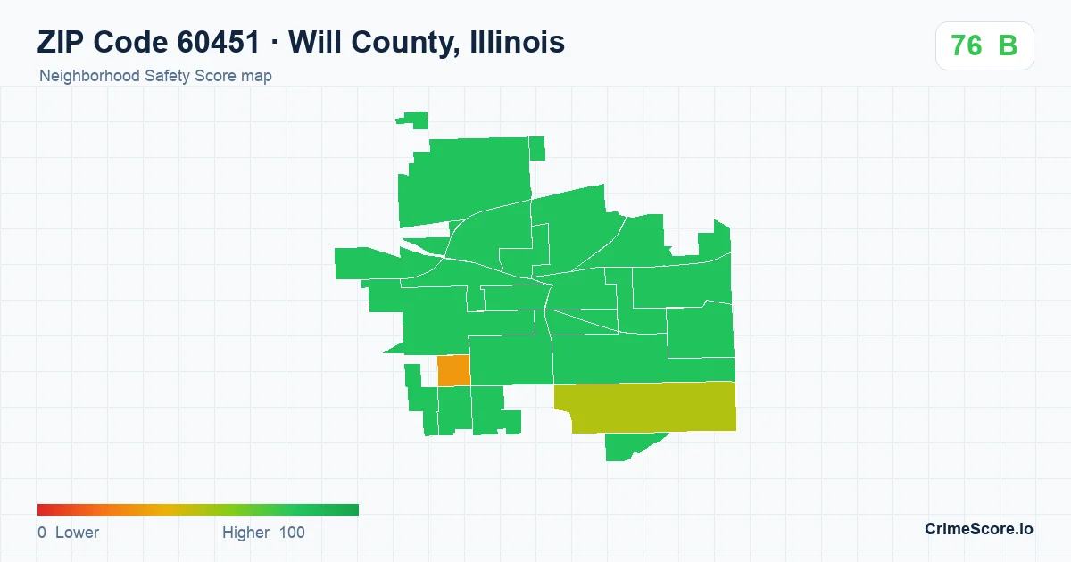 ZIP Code 60451 in Will County, Illinois neighborhood Safety Score map