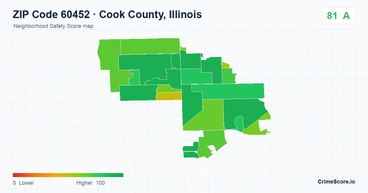 ZIP Code 60452 in Cook County, Illinois neighborhood Safety Score map