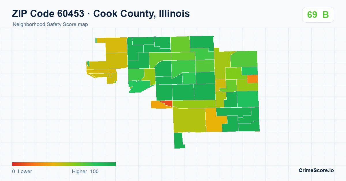 ZIP Code 60453 in Cook County, Illinois neighborhood Safety Score map
