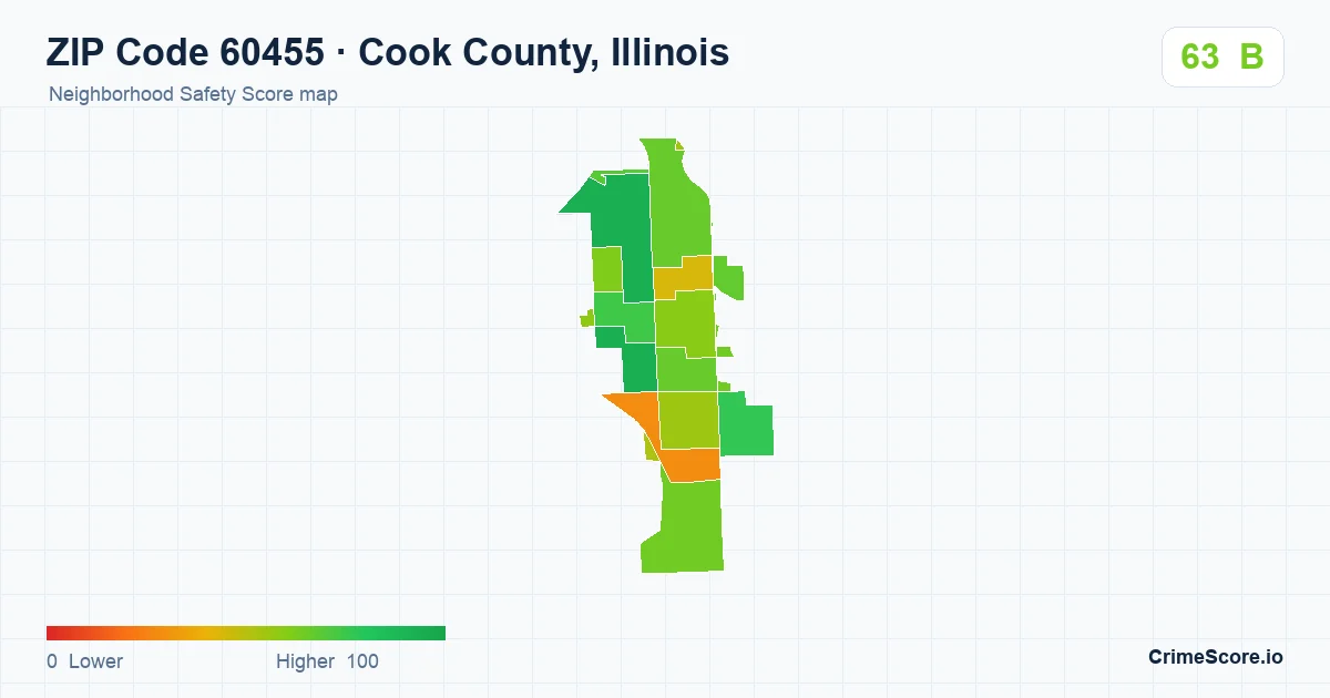 ZIP Code 60455 in Cook County, Illinois neighborhood Safety Score map