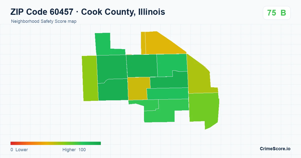 ZIP Code 60457 in Cook County, Illinois neighborhood Safety Score map