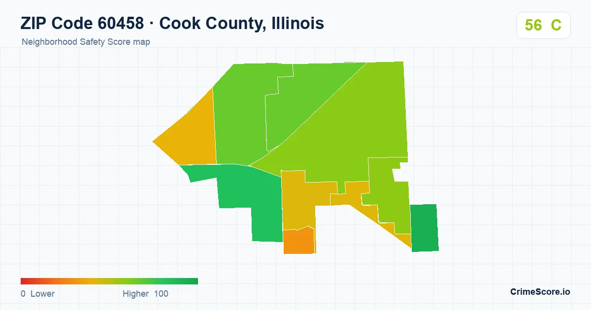 ZIP Code 60458 in Cook County, Illinois neighborhood Safety Score map