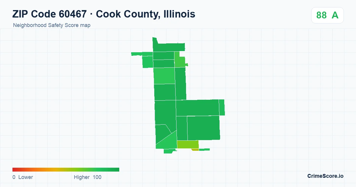 ZIP Code 60467 in Cook County, Illinois neighborhood Safety Score map