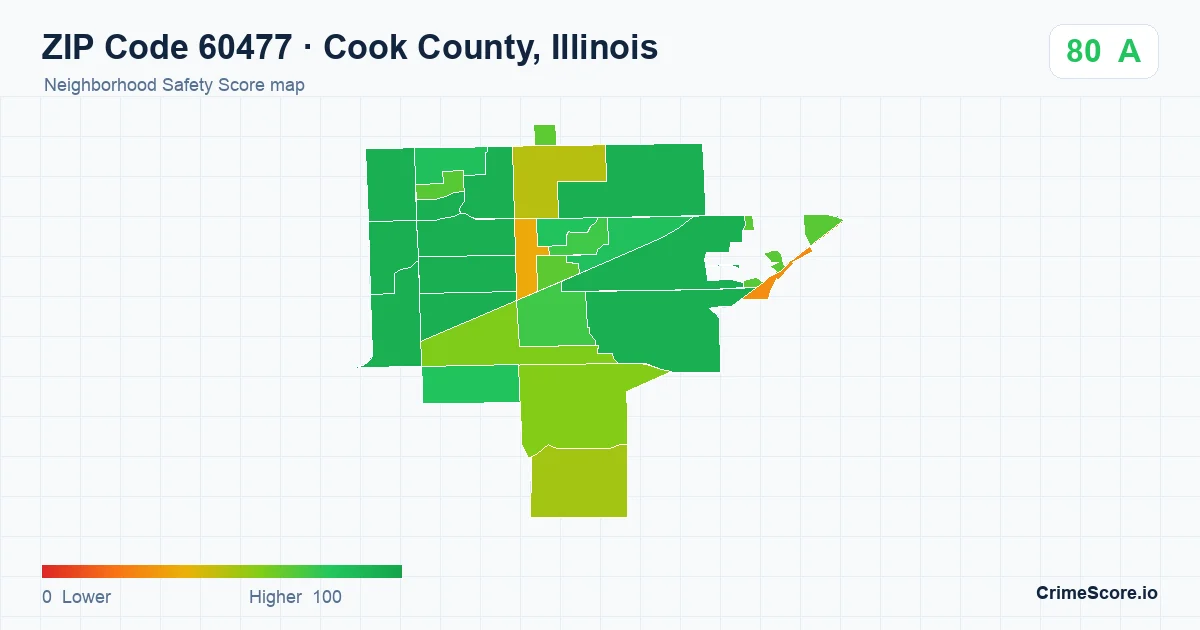 ZIP Code 60477 in Cook County, Illinois neighborhood Safety Score map