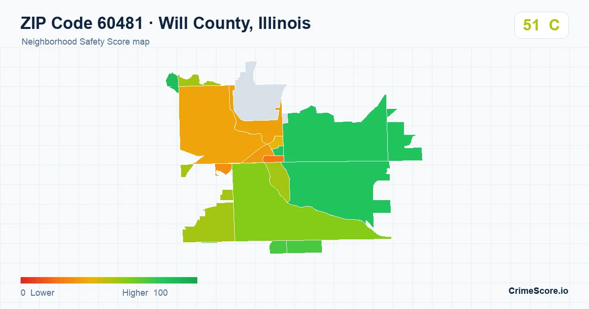 ZIP Code 60481 in Will County, Illinois neighborhood Safety Score map