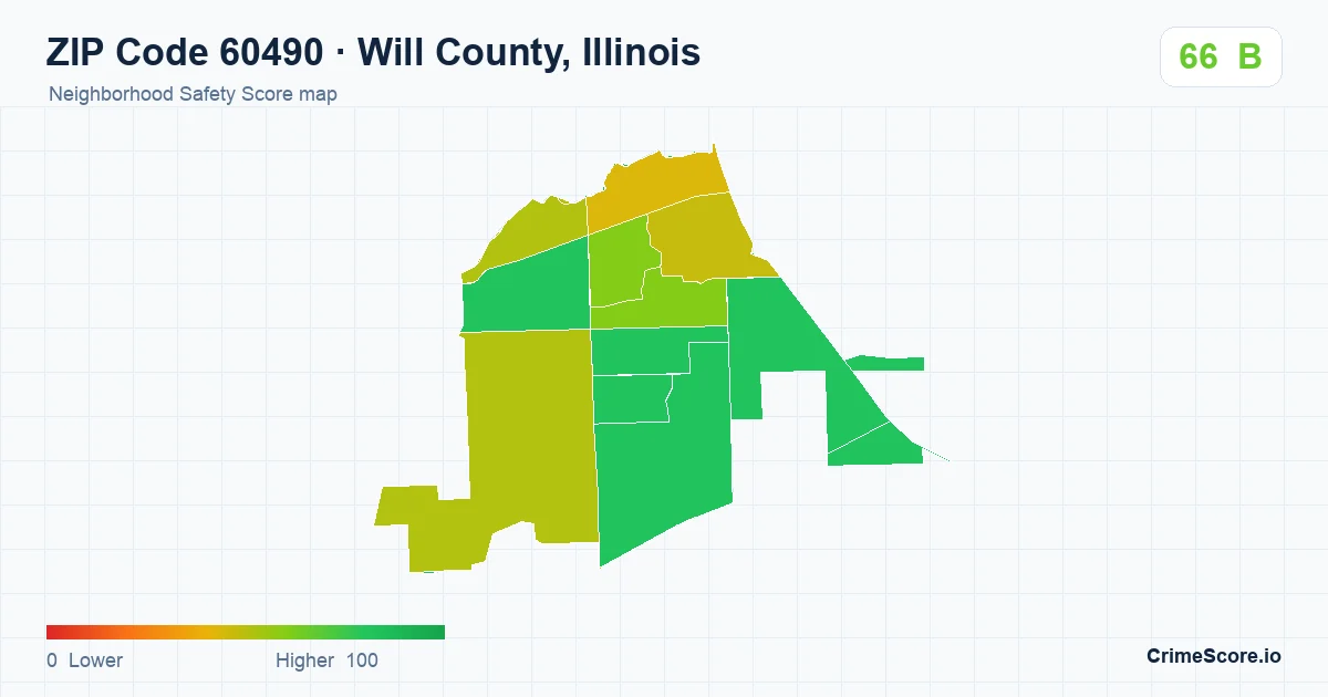 ZIP Code 60490 in Will County, Illinois neighborhood Safety Score map