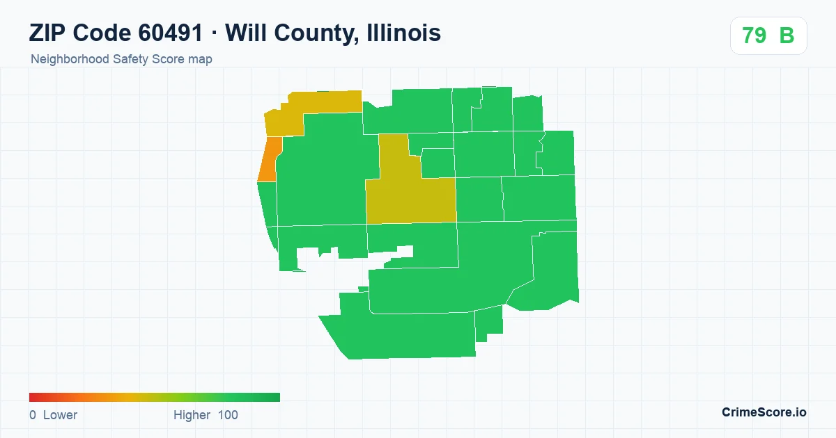 ZIP Code 60491 in Will County, Illinois neighborhood Safety Score map