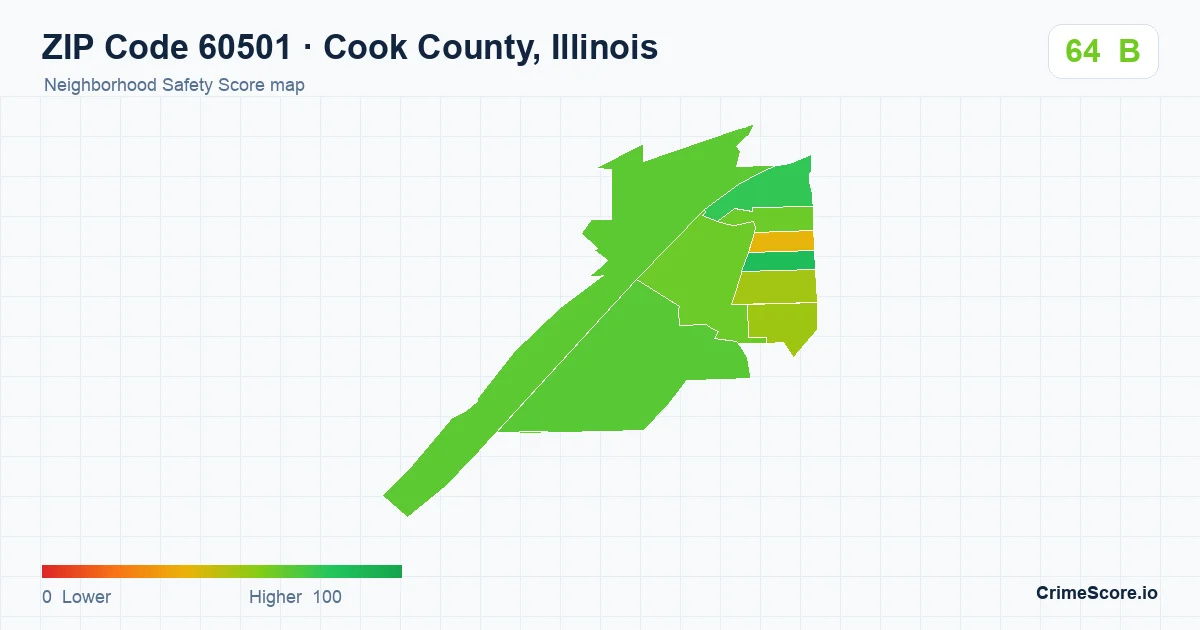 ZIP Code 60501 in Cook County, Illinois neighborhood Safety Score map