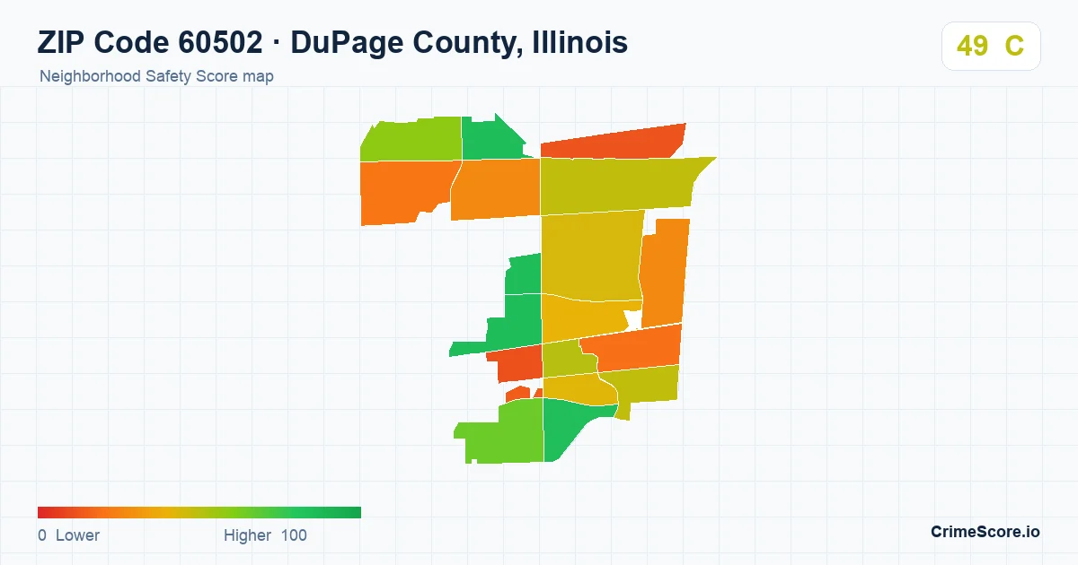 ZIP Code 60502 in DuPage County, Illinois neighborhood Safety Score map