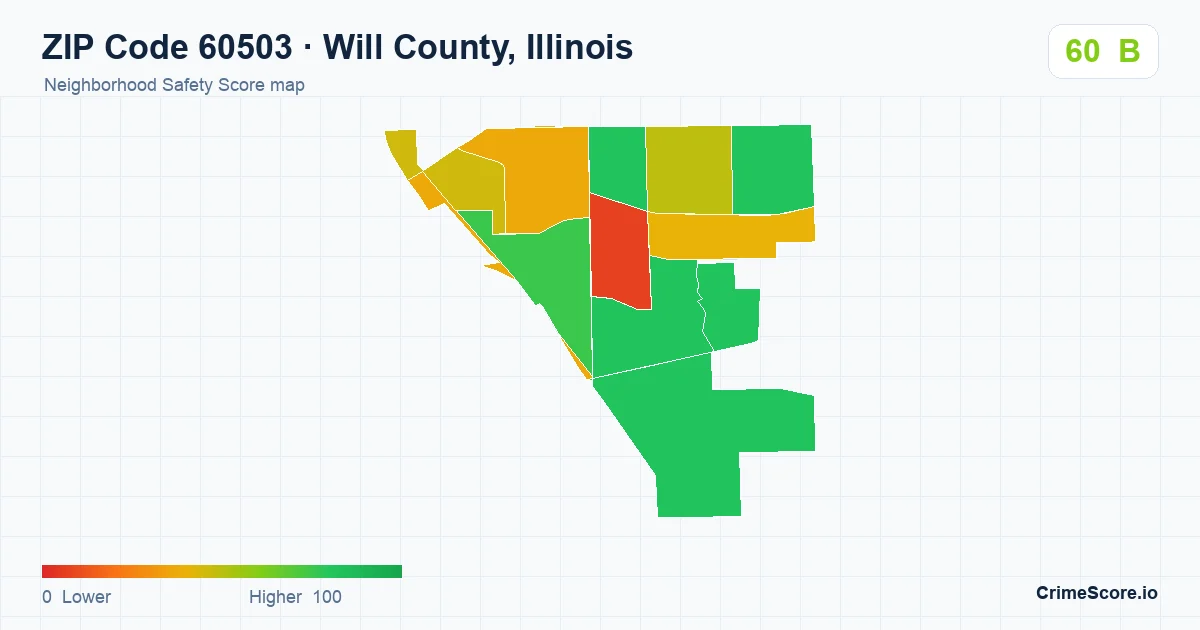 ZIP Code 60503 in Will County, Illinois neighborhood Safety Score map