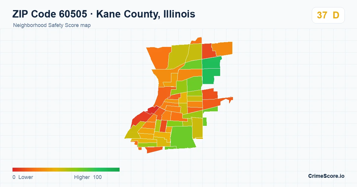 ZIP Code 60505 in Kane County, Illinois neighborhood Safety Score map