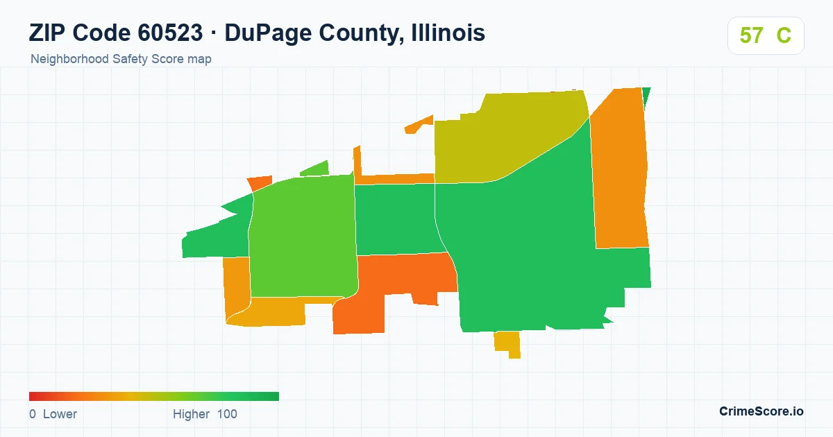 ZIP Code 60523 in DuPage County, Illinois neighborhood Safety Score map