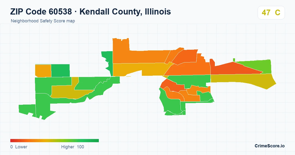 ZIP Code 60538 in Kendall County, Illinois neighborhood Safety Score map