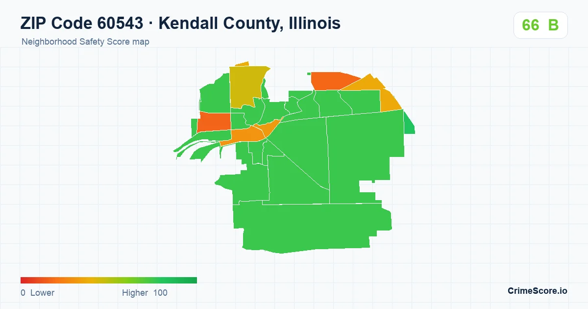 ZIP Code 60543 in Kendall County, Illinois neighborhood Safety Score map