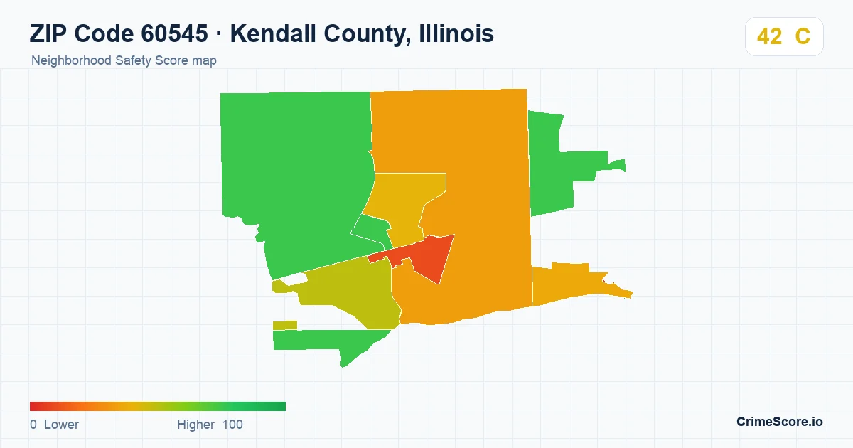 ZIP Code 60545 in Kendall County, Illinois neighborhood Safety Score map