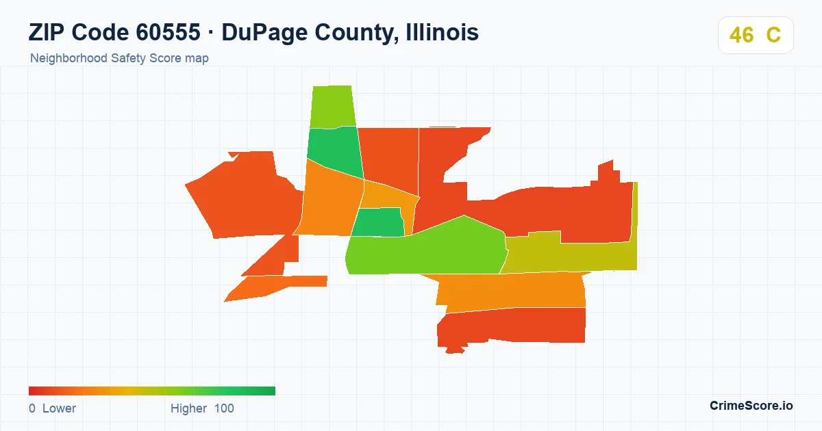 ZIP Code 60555 in DuPage County, Illinois neighborhood Safety Score map