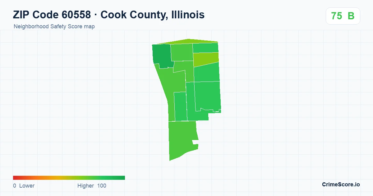 ZIP Code 60558 in Cook County, Illinois neighborhood Safety Score map
