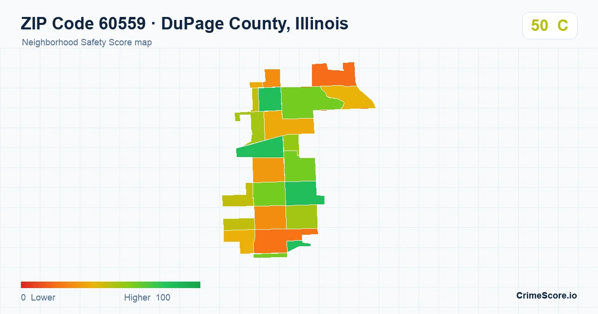 ZIP Code 60559 in DuPage County, Illinois neighborhood Safety Score map