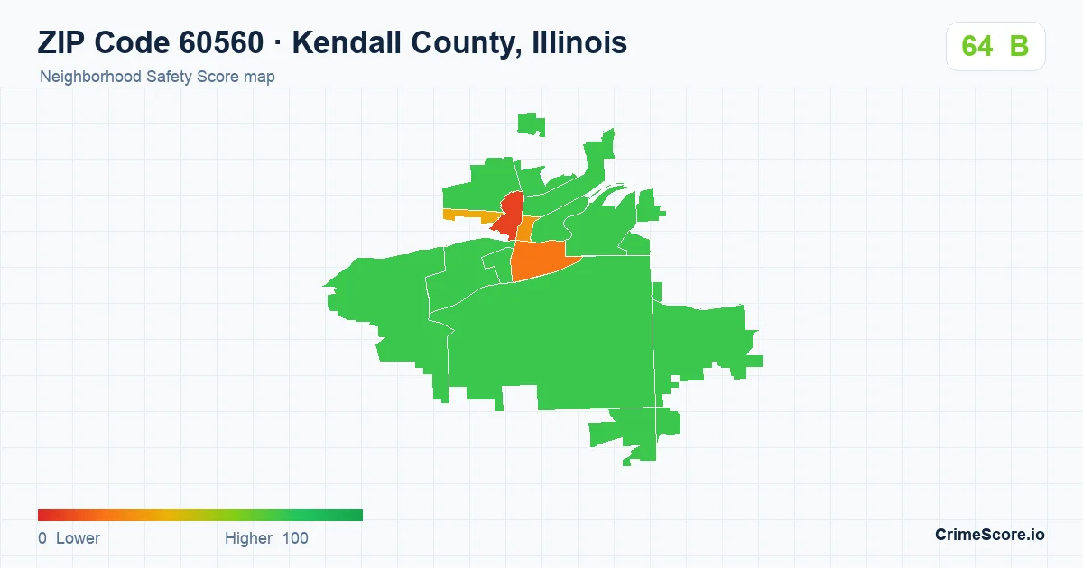 ZIP Code 60560 in Kendall County, Illinois neighborhood Safety Score map