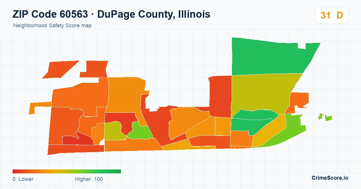 ZIP Code 60563 in DuPage County, Illinois neighborhood Safety Score map