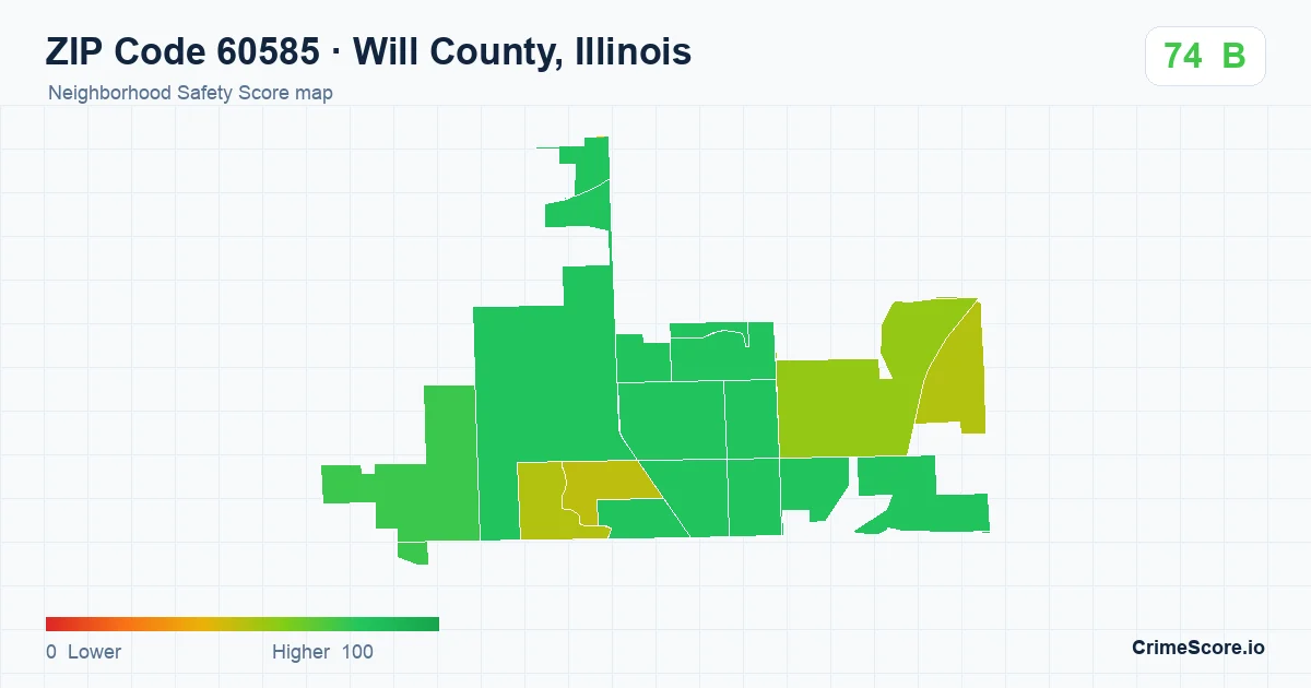 ZIP Code 60585 in Will County, Illinois neighborhood Safety Score map