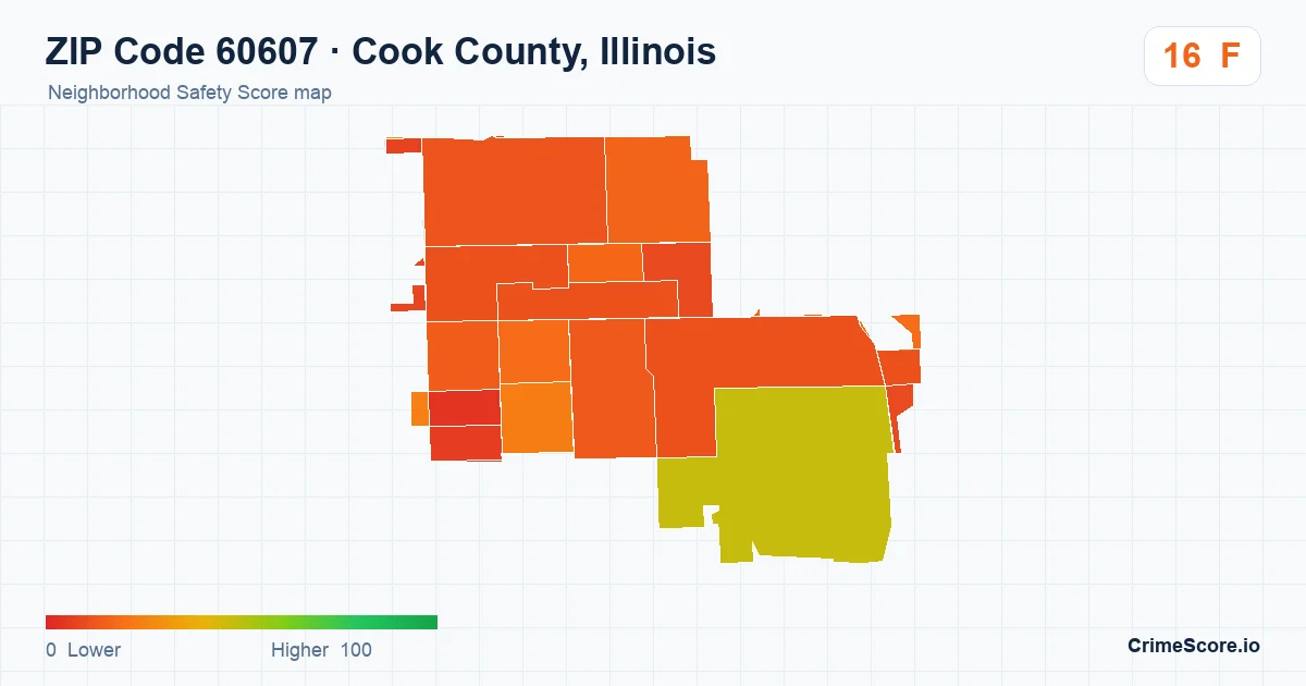 ZIP Code 60607 in Cook County, Illinois neighborhood Safety Score map