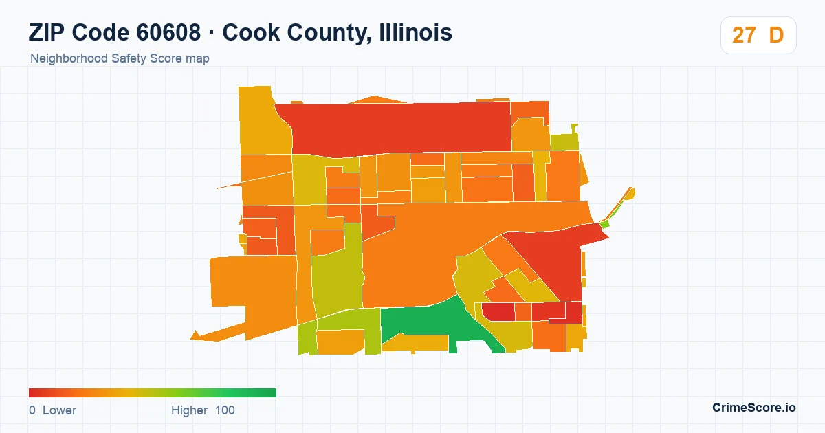 ZIP Code 60608 in Cook County, Illinois neighborhood Safety Score map