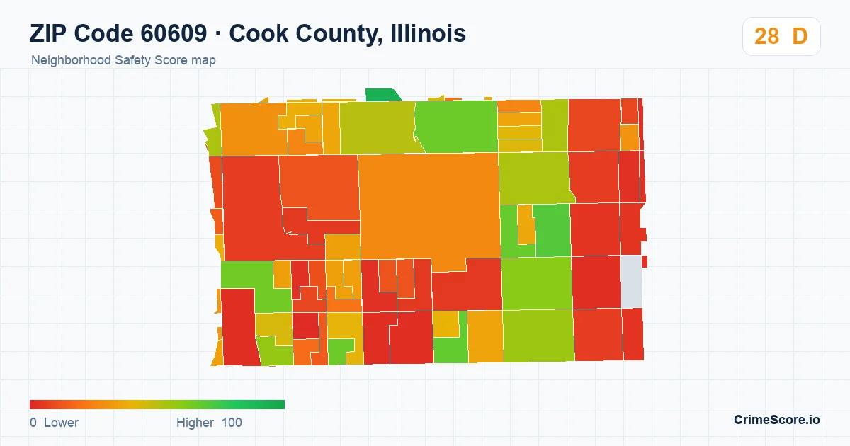 ZIP Code 60609 in Cook County, Illinois neighborhood Safety Score map