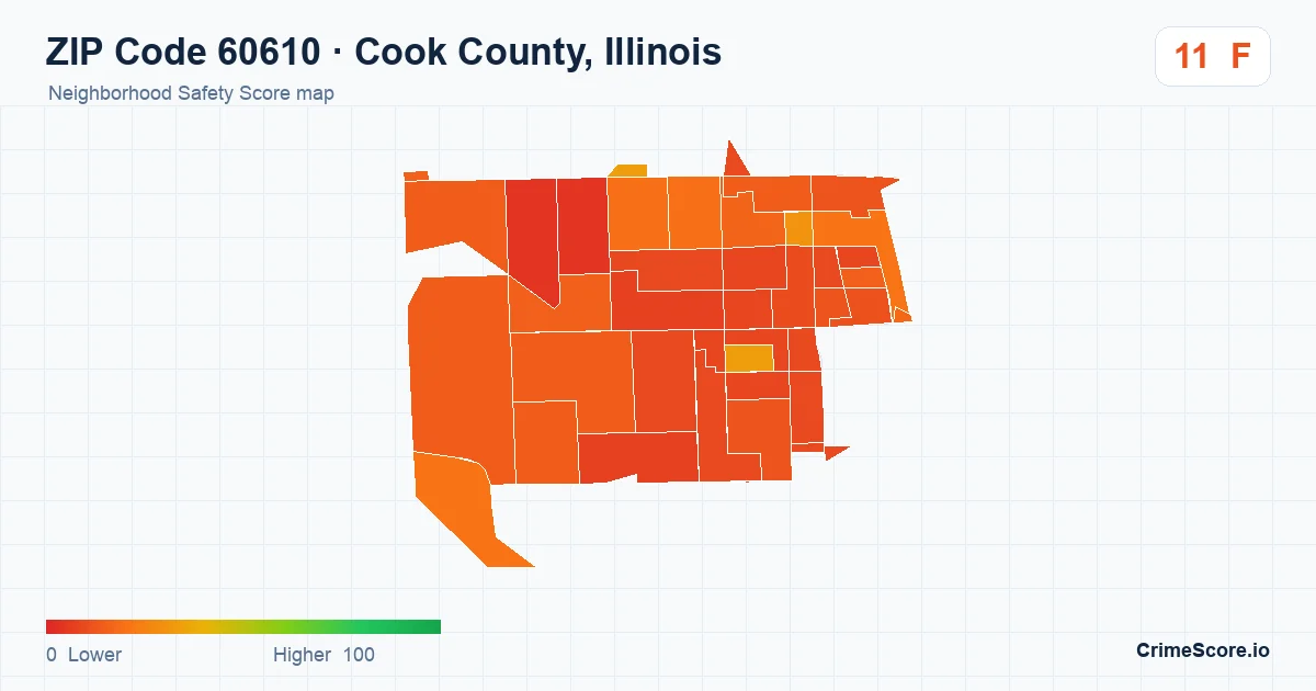 ZIP Code 60610 in Cook County, Illinois neighborhood Safety Score map