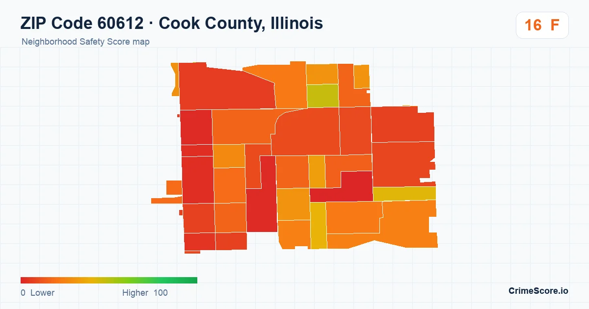 ZIP Code 60612 in Cook County, Illinois neighborhood Safety Score map