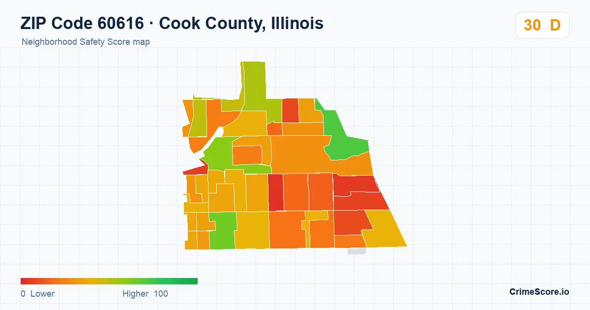 ZIP Code 60616 in Cook County, Illinois neighborhood Safety Score map