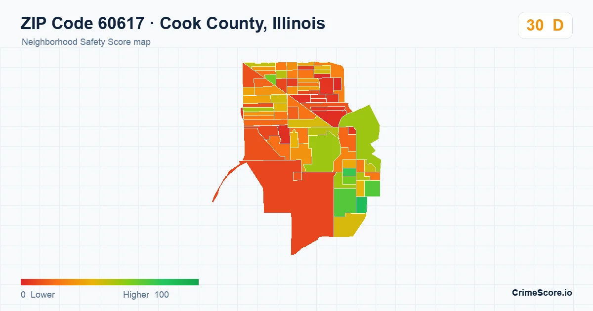 ZIP Code 60617 in Cook County, Illinois neighborhood Safety Score map