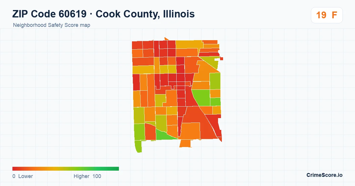 ZIP Code 60619 in Cook County, Illinois neighborhood Safety Score map