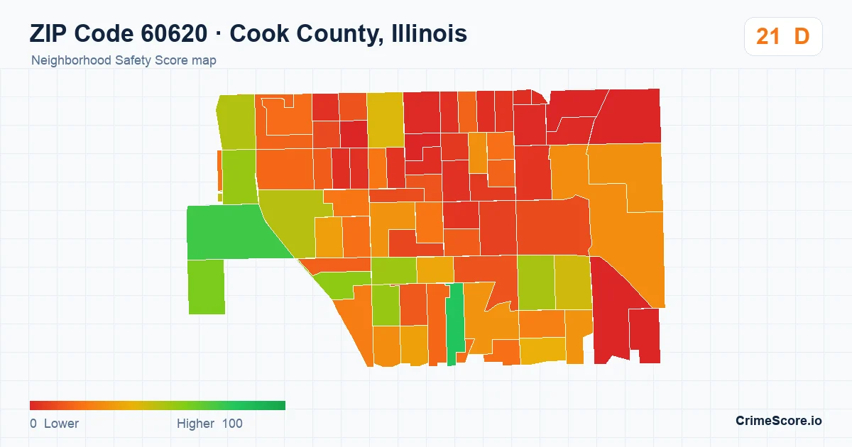 ZIP Code 60620 in Cook County, Illinois neighborhood Safety Score map