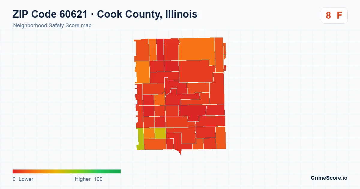 ZIP Code 60621 in Cook County, Illinois neighborhood Safety Score map