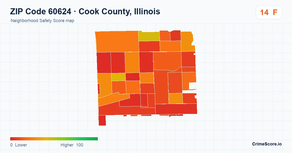 ZIP Code 60624 in Cook County, Illinois neighborhood Safety Score map