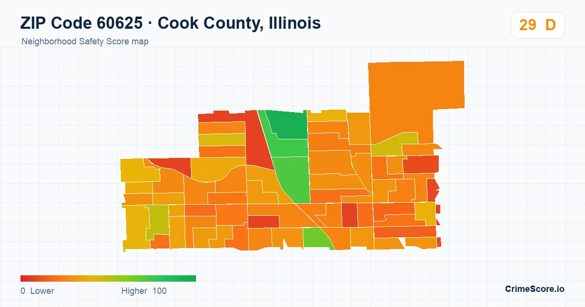 ZIP Code 60625 in Cook County, Illinois neighborhood Safety Score map