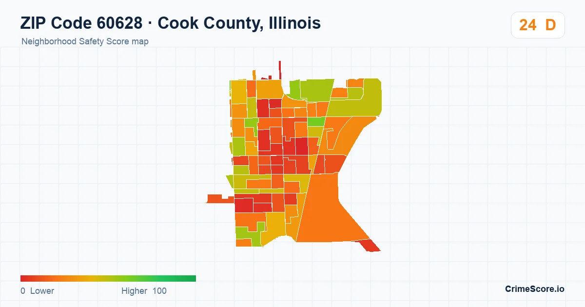 ZIP Code 60628 in Cook County, Illinois neighborhood Safety Score map