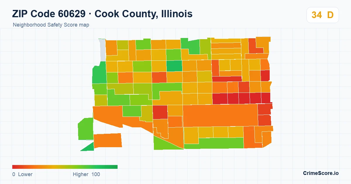 ZIP Code 60629 in Cook County, Illinois neighborhood Safety Score map