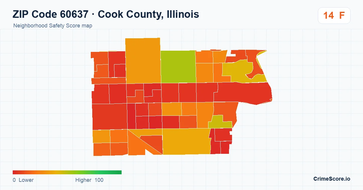 ZIP Code 60637 in Cook County, Illinois neighborhood Safety Score map