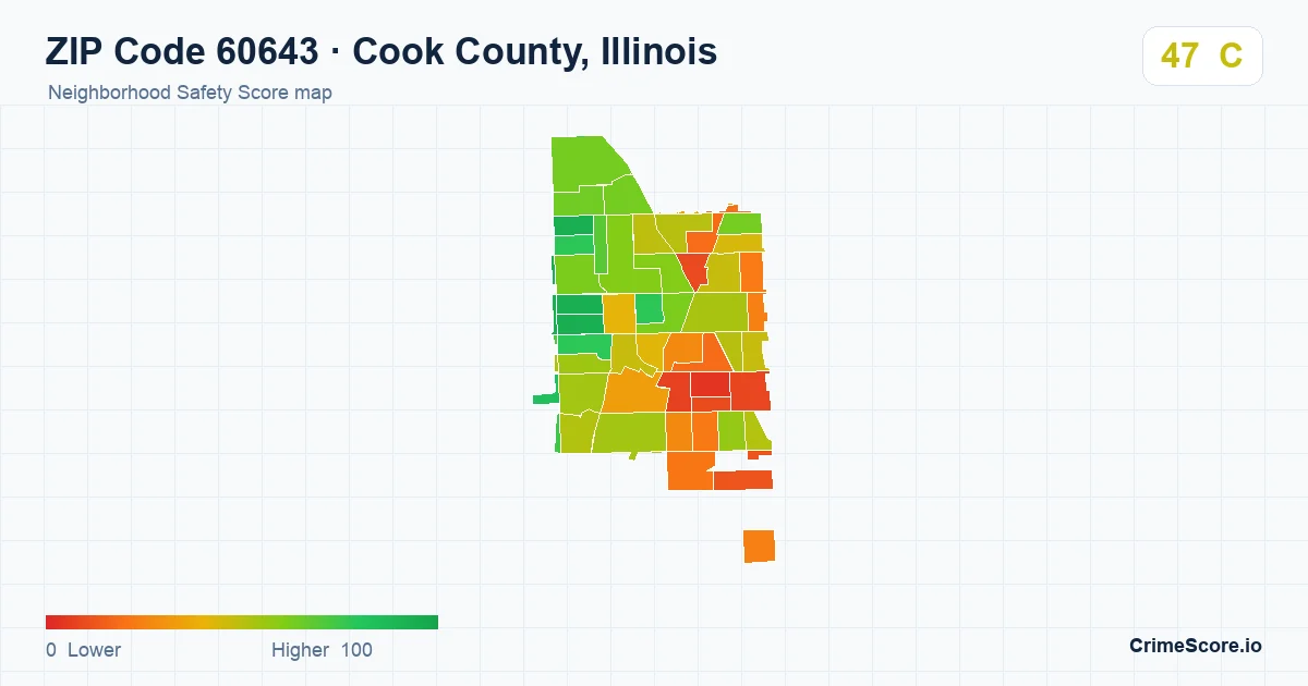 ZIP Code 60643 in Cook County, Illinois neighborhood Safety Score map
