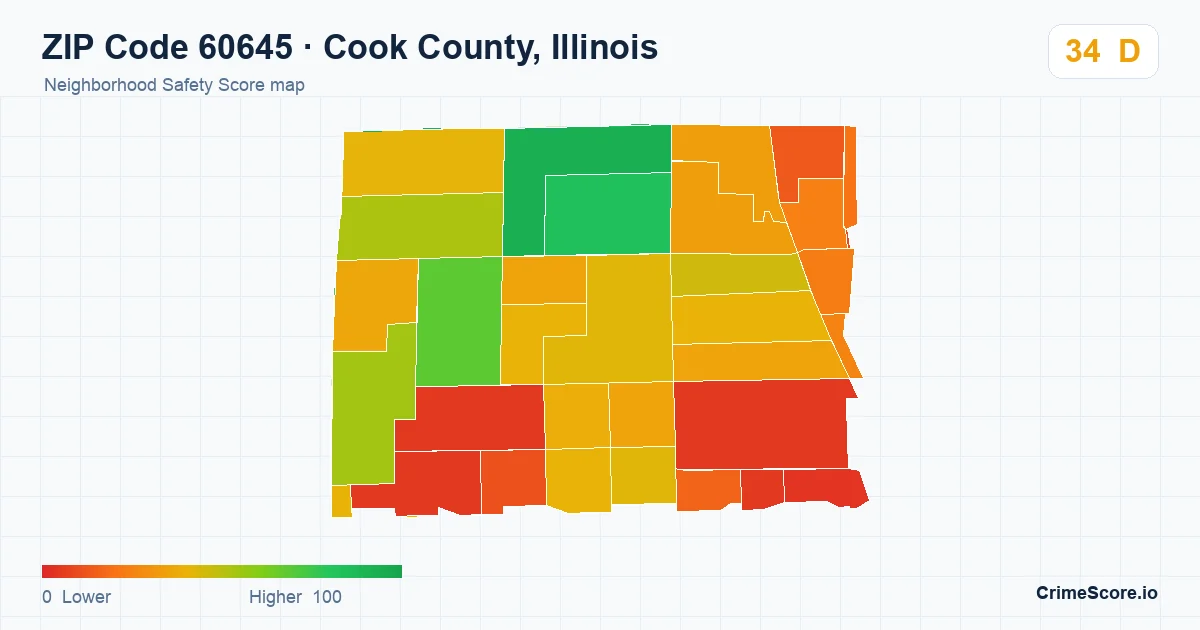 ZIP Code 60645 in Cook County, Illinois neighborhood Safety Score map
