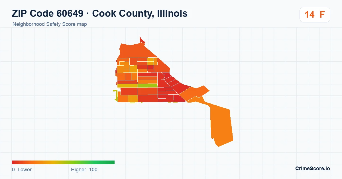 ZIP Code 60649 in Cook County, Illinois neighborhood Safety Score map
