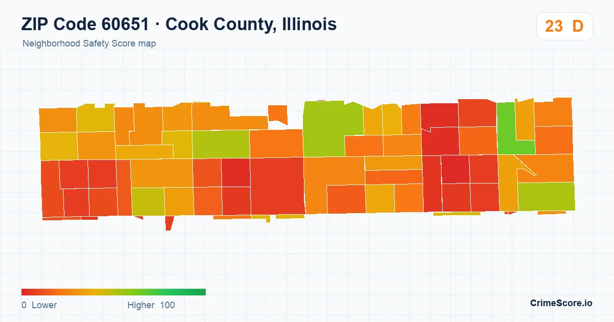 ZIP Code 60651 in Cook County, Illinois neighborhood Safety Score map