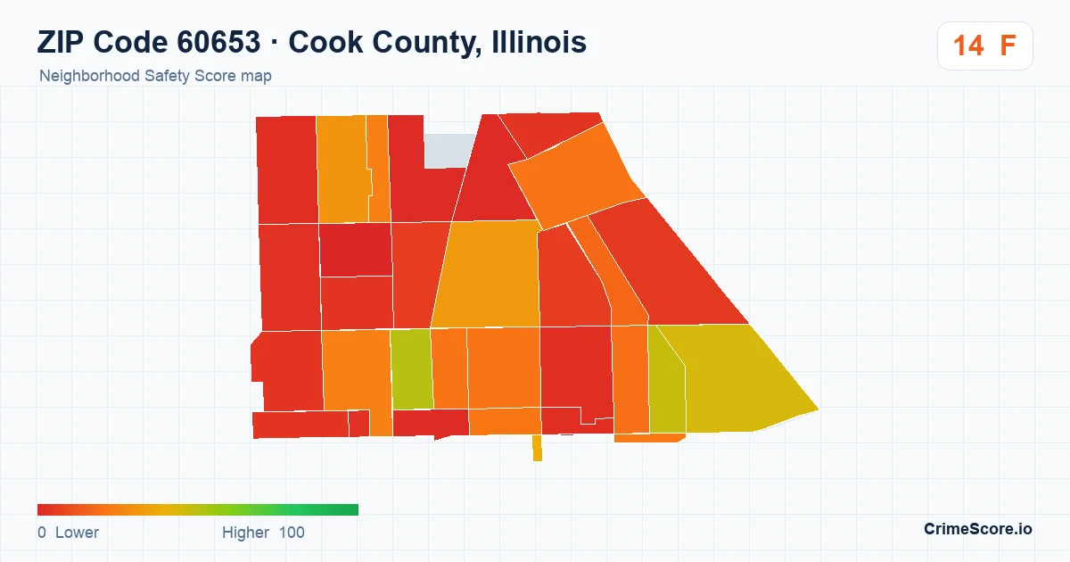 ZIP Code 60653 in Cook County, Illinois neighborhood Safety Score map