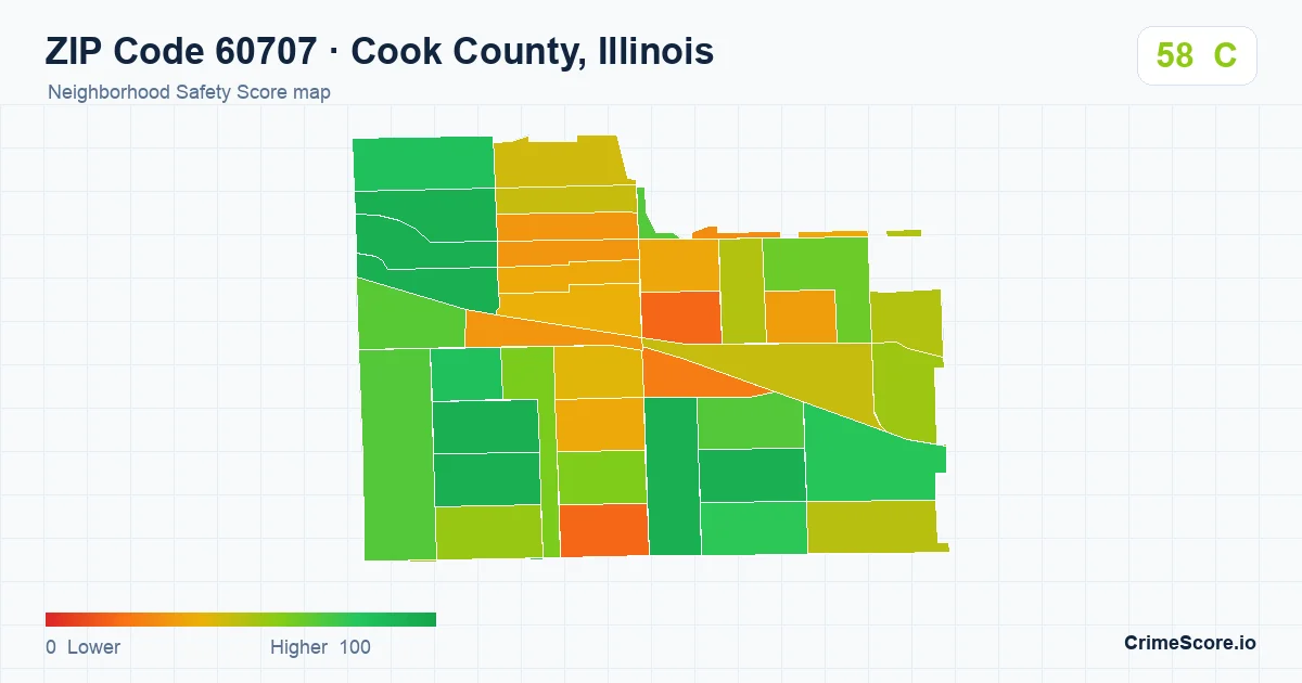 ZIP Code 60707 in Cook County, Illinois neighborhood Safety Score map
