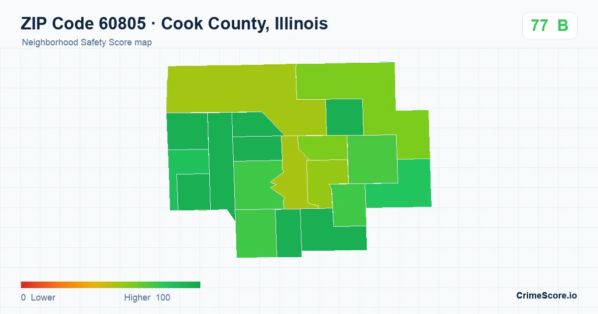 ZIP Code 60805 in Cook County, Illinois neighborhood Safety Score map