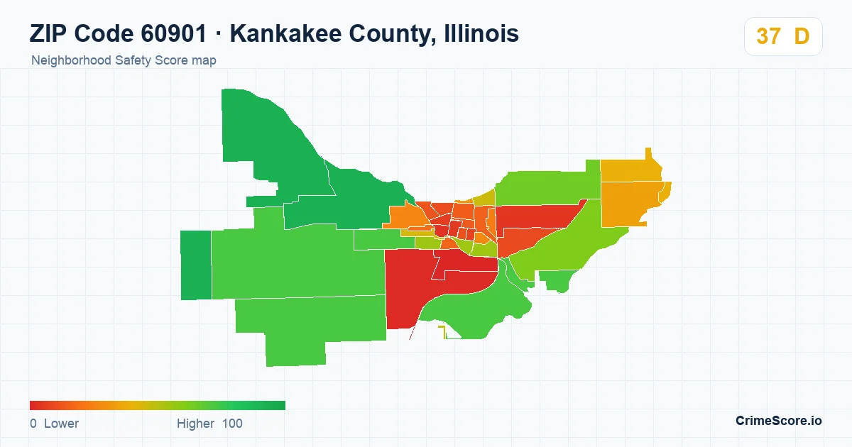 ZIP Code 60901 in Kankakee County, Illinois neighborhood Safety Score map