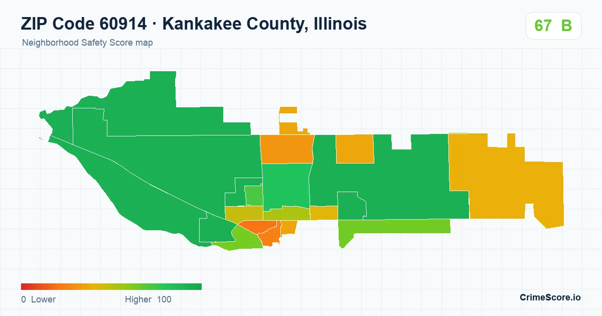ZIP Code 60914 in Kankakee County, Illinois neighborhood Safety Score map